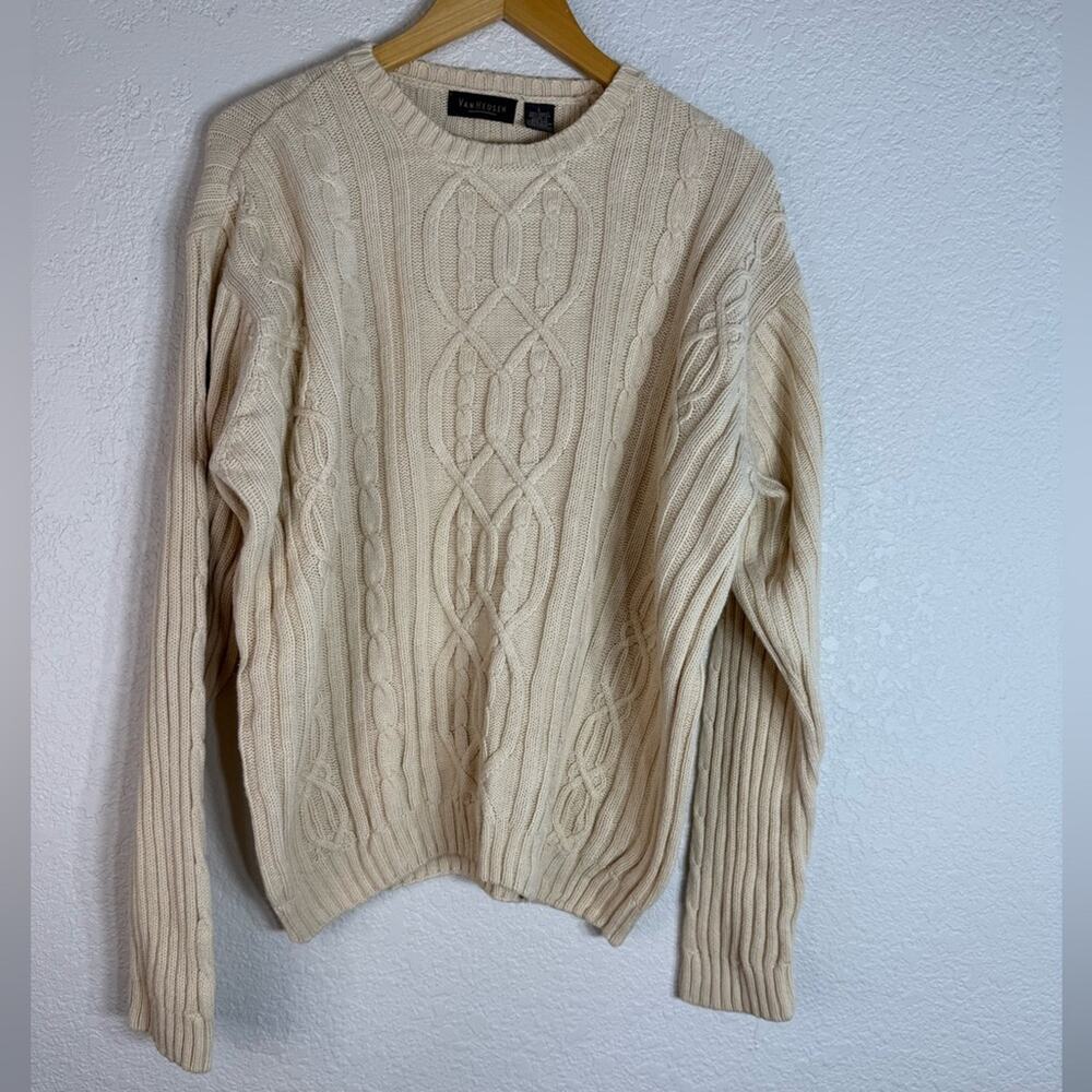 Vintage Van Heusen Cream Cable Knit Crewneck Sweater Large Fisherman Winter
